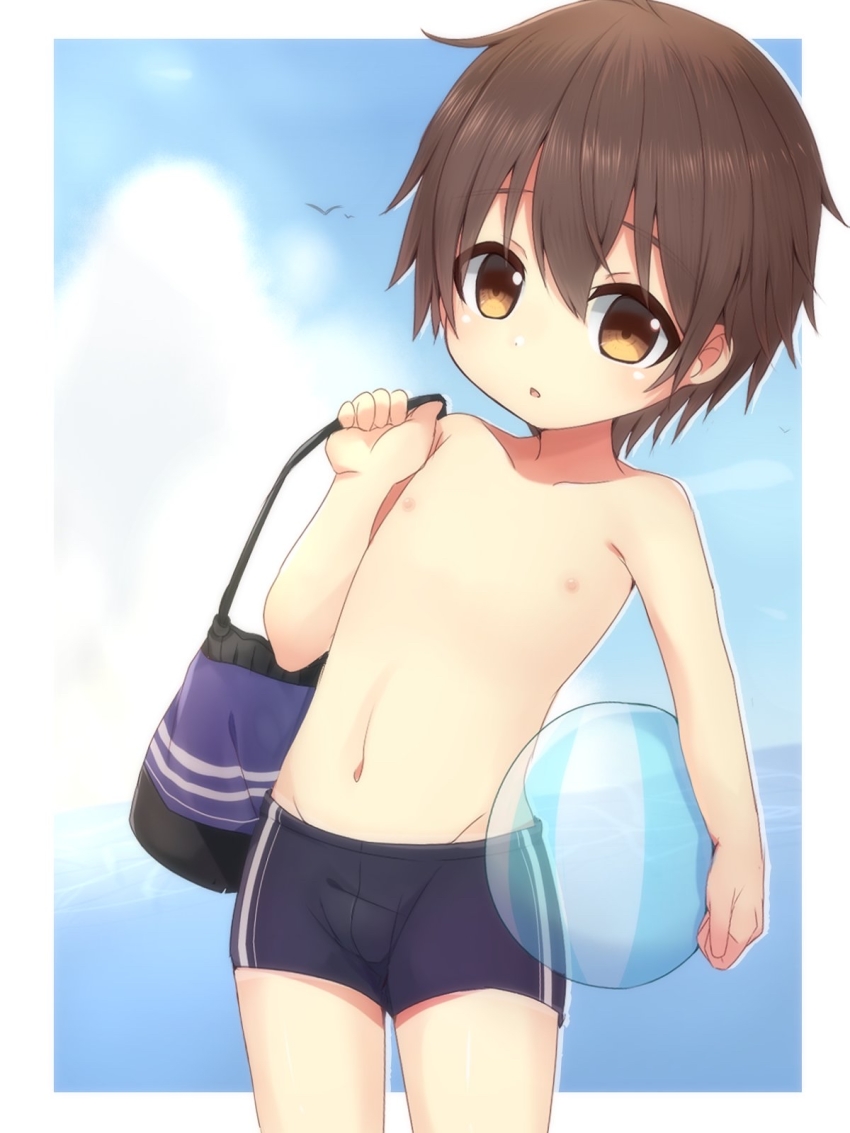 1boy bag ball beachball blue_jammers blue_male_swimwear blush brown_eyes brown_hair child day highres jammers looking_at_viewer male_focus male_swimwear meranoreuka_(naokentak) navel nipples original outdoors sky solo swimsuit water