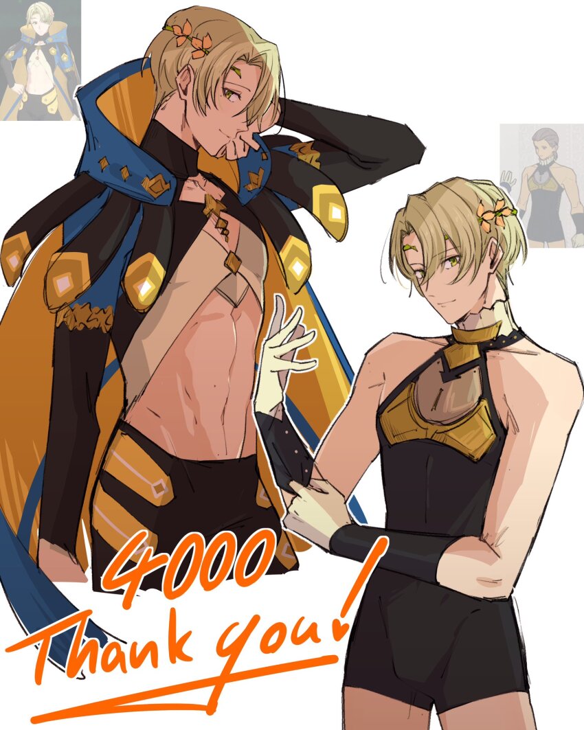 1boy alfred_(fire_emblem) alternate_costume black_bridal_gauntlets black_leggings black_pants blonde_hair blue_cape bridal_gauntlets cape clothing_cutout crop_top fire_emblem fire_emblem_engage green_eyes highres leggings looking_at_viewer male_focus merylemons midriff multiple_views nintendo pants sage_outfit_(fire_emblem_engage) stomach_cutout thank_you