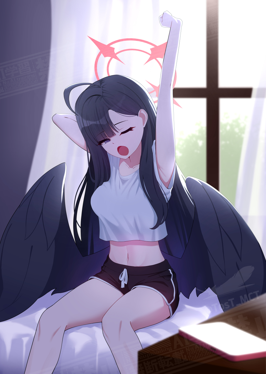 1girl absurdres ahoge alternate_costume arms_up black_hair black_shorts black_wings blue_archive dolphin_shorts feathered_wings halo highres ichika_(blue_archive) long_hair low_wings on_bed one_eye_closed open_mouth red_halo shirt short_shorts shorts sitting solo stretching tost_(cloi123) white_shirt wings yawning