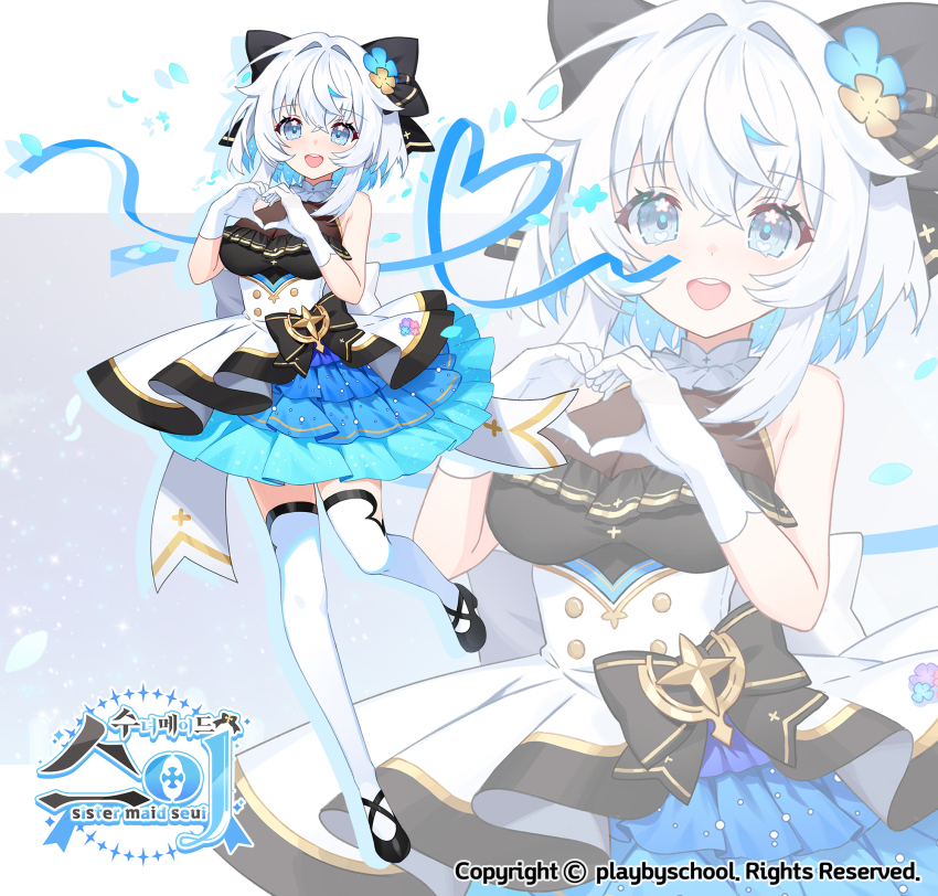 1girl :d apple_caramel bare_shoulders black_bow black_footwear blue_flower blue_skirt bow breasts brown_flower cleavage commentary_request flower gloves grey_eyes grey_hair hair_between_eyes hair_bow hair_flower hair_intakes hair_ornament highres indie_virtual_youtuber korean_commentary layered_skirt medium_breasts open_mouth pleated_skirt see-through_clothes see-through_cleavage shoes skirt smile solo standing standing_on_one_leg thighhighs tiana_suei virtual_youtuber white_gloves white_thighhighs zoom_layer