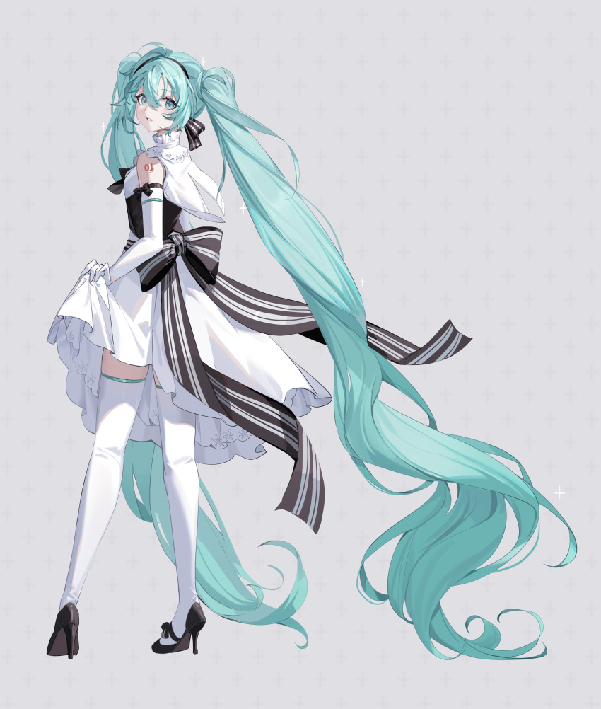 1girl :d absurdres ahoge aqua_eyes aqua_hair back_bow bare_shoulders black_bow black_footwear black_hairband black_ribbon blush bow dress elbow_gloves from_behind full_body gloves grin hair_between_eyes hair_ribbon hairband hatsune_miku high_heels highres kuweichuanxin_jr long_hair looking_at_viewer looking_back miku_symphony_(vocaloid) number_tattoo open_mouth parted_lips ribbon shoulder_tattoo simple_background skirt_hold smile solo standing tattoo thighhighs very_long_hair vocaloid white_background white_dress white_gloves white_thighhighs