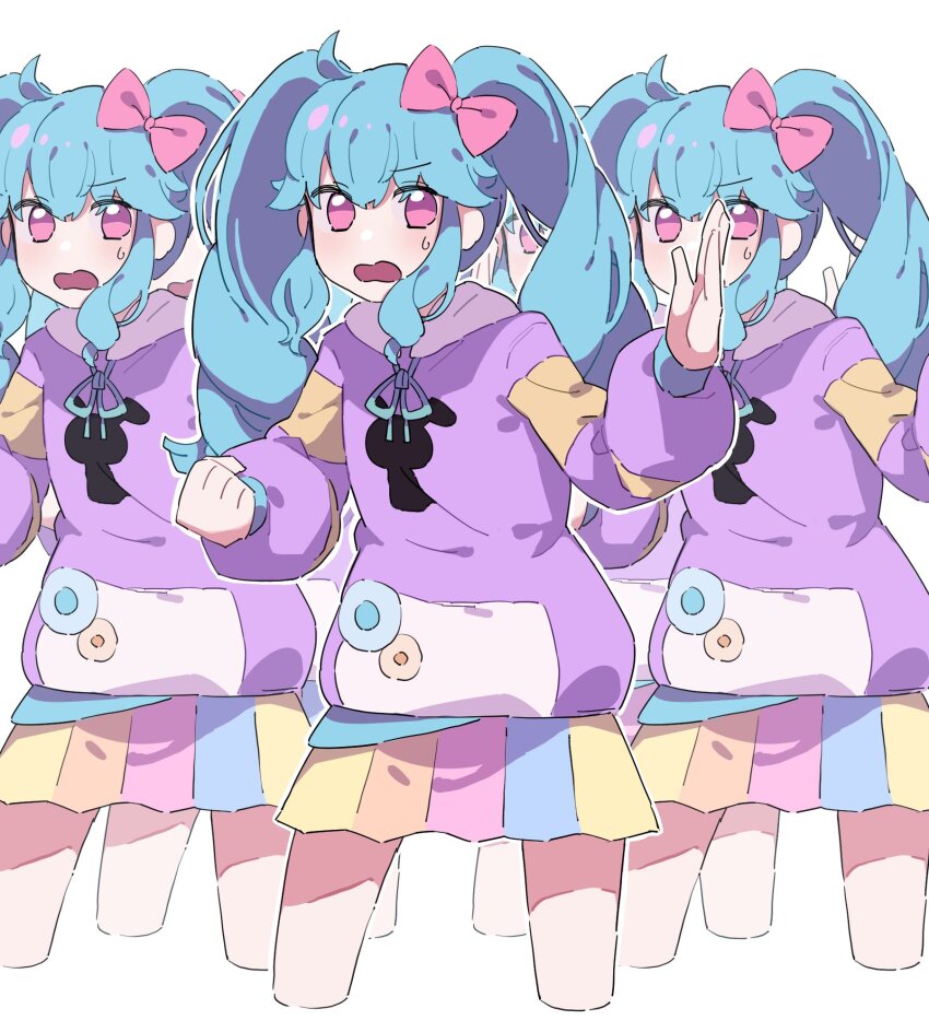 5girls asa_(o0_asa_0o) blue_hair bow clone cowboy_shot curly_hair hair_bow hand_up highres hood hood_down hoodie idol_land_pripara katasumi_amari long_hair long_sleeves looking_at_viewer multiple_girls open_mouth pink_bow pink_eyes pretty_series pripara purple_hoodie recurring_image simple_background standing sweatdrop twintails very_long_hair white_background