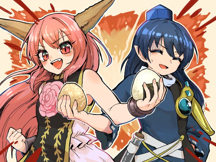 2girls armor blue_hair clenched_hand closed_eyes coat cuffs dress fang food gold_trim hair_between_eyes hat highres horns howhow_notei ibaraki_douji_(touhou) iizunamaru_megumu long_hair long_sleeves multiple_girls oni oni_horns onigiri open_mouth pink_hair red_eyes shoulder_armor sleeveless sleeveless_coat sleeveless_dress slit_pupils tabard test_tube tokin_hat touhou