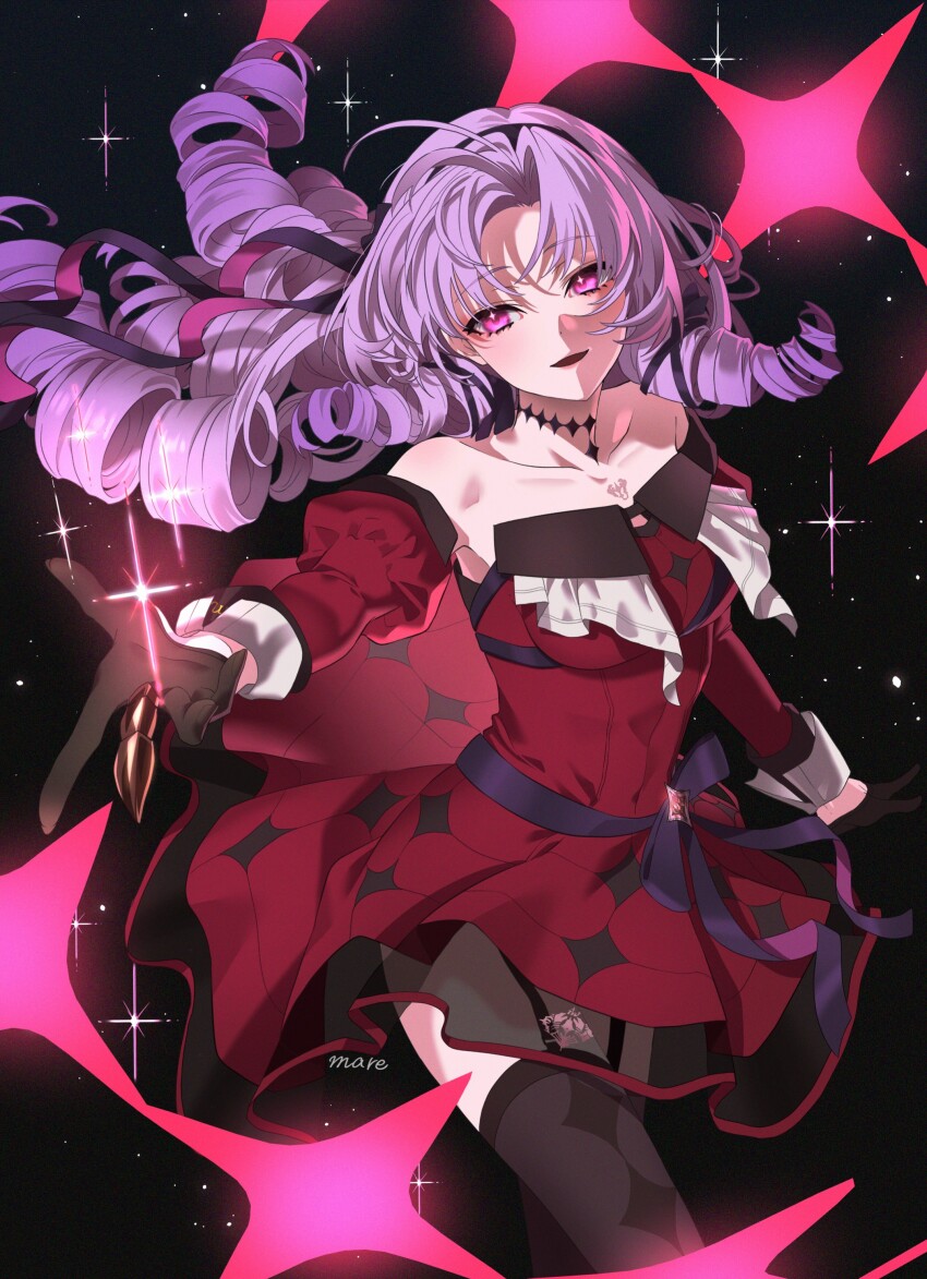 00_00mare 1girl absurdres artist_name bare_shoulders black_gloves black_thighhighs chest_tattoo choker claw_ring collarbone cowboy_shot detached_sleeves dress drill_hair garter_straps gloves hairband highres hyakumantenbara_salome hyakumantenbara_salome_(1st_costume) juliet_sleeves long_hair long_sleeves nijisanji outstretched_arm puffy_long_sleeves puffy_sleeves purple_eyes purple_hair purple_hairband purple_ribbon red_dress ribbon solo sparkle sparkling_eyes tattoo thighhighs virtual_youtuber