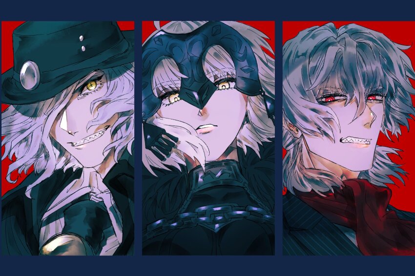 1girl 2boys antonio_salieri_(fate) antonio_salieri_(second_ascension)_(fate) ascot black_jacket blonde_hair bright_pupils clenched_teeth collared_shirt commentary cross-shaped_pupils edmond_dantes_(fate) english_commentary fate/grand_order fate_(series) fedora green_ascot green_hat grey_hair grin hair_between_eyes hair_over_one_eye hat headpiece highres hiyamix jacket jeanne_d&#039;arc_alter_(avenger)_(fate) jeanne_d&#039;arc_alter_(fate) looking_at_viewer multiple_boys parted_lips pinstripe_jacket pinstripe_pattern red_ascot red_background red_eyes ringed_eyes sharp_teeth shirt short_hair simple_background smile striped_clothes striped_jacket symbol-shaped_pupils teeth upper_body vertical-striped_clothes vertical-striped_jacket white_hair white_pupils white_shirt wing_collar yellow_eyes