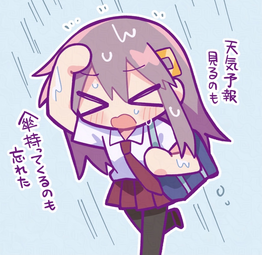 &gt;_&lt; 1girl bag blush brown_hair closed_eyes collared_shirt hair_ornament hand_on_own_head long_hair necktie open_mouth original pantyhose pleated_skirt rain richard_(richaball) running school_bag school_uniform shirt short_sleeves skirt solo translation_request wet