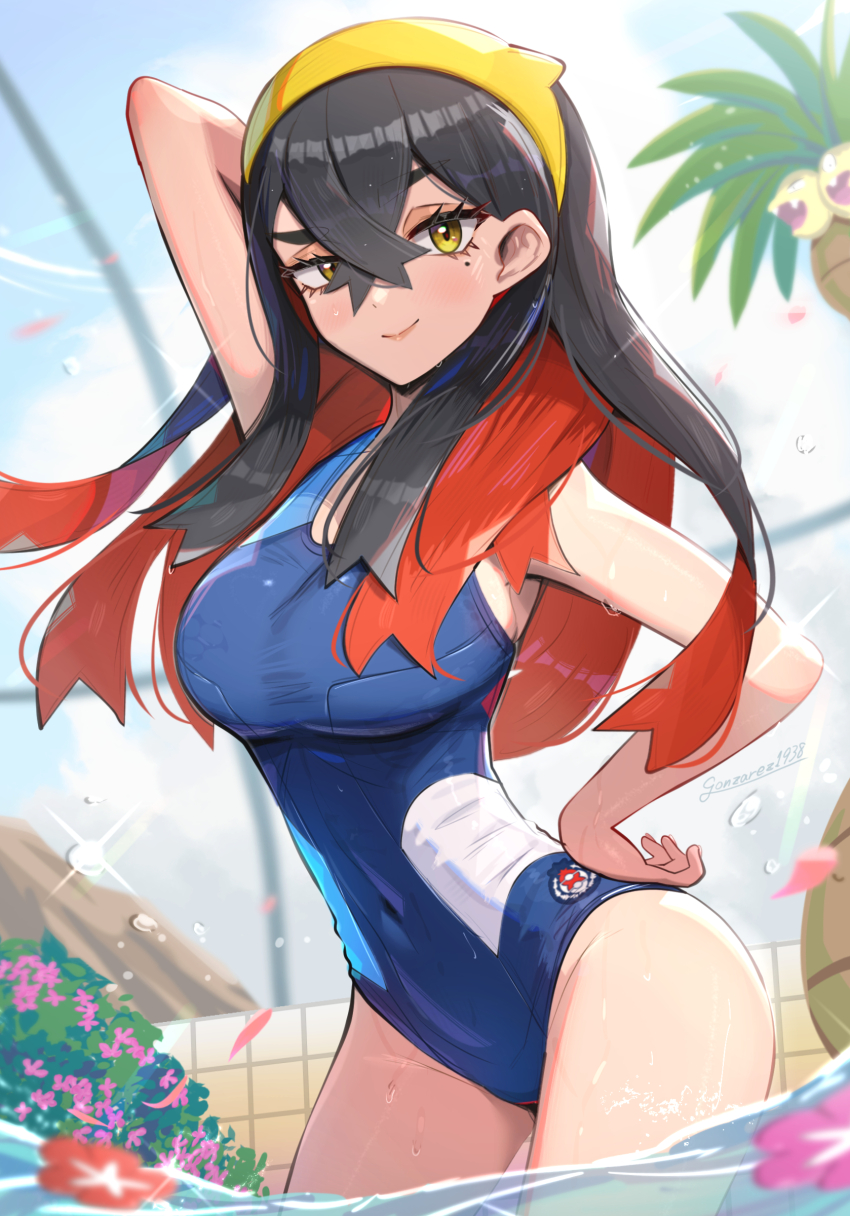 1girl absurdres alolan_exeggutor alolan_form arm_behind_head black_hair blue_one-piece_swimsuit breasts carmine_(pokemon) closed_mouth colored_inner_hair creatures_(company) crossed_bangs eyelashes game_freak gen_7_pokemon gonzarez hair_between_eyes hairband hand_on_own_hip highres long_hair looking_at_viewer mole mole_under_eye multicolored_hair nintendo one-piece_swimsuit partially_submerged pokemon pokemon_(creature) pokemon_sv red_hair school_swimsuit smile swimsuit two-tone_hair water yellow_eyes yellow_hairband