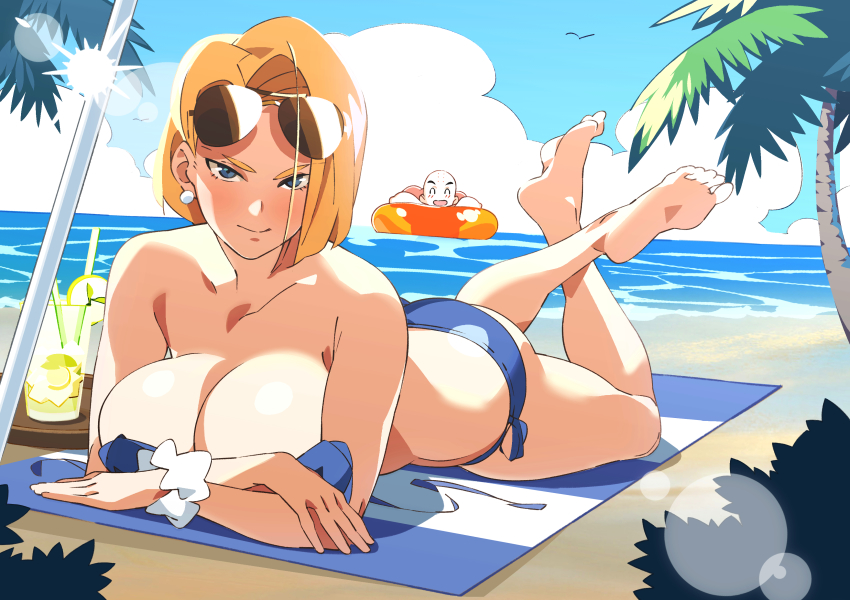 1boy 1girl absurdres android_18 bald beach bikini blonde_hair breasts cleavage cloud dragon_ball dragonball_z eyewear_on_head highres husband_and_wife innertube kuririn large_breasts lens_flare light_blush looking_at_viewer lying nisego ocean on_stomach palm_tree scrunchie smile sunglasses sunlight swim_ring swimsuit tree untied_bikini unworn_bikini_top wrist_scrunchie