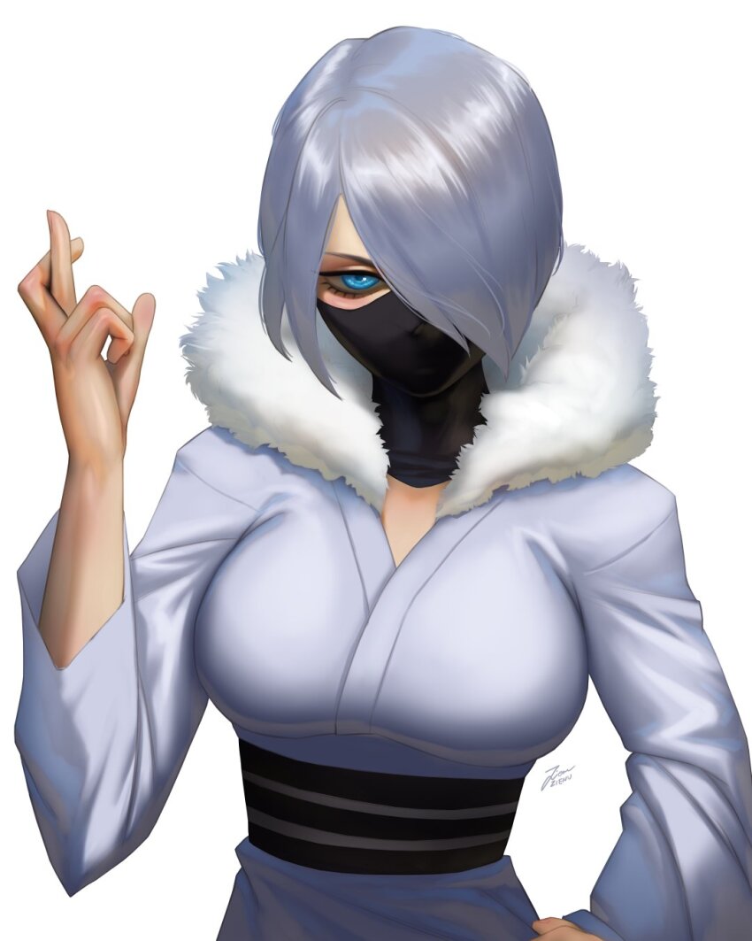 1girl black_mask blue_eyes boku_no_hero_academia crossed_fingers fur-trimmed_robe fur_trim grey_hair grey_robe hair_over_one_eye highres mask mouth_mask robe simple_background solo superhero_costume white_background yanagi_reiko zienu