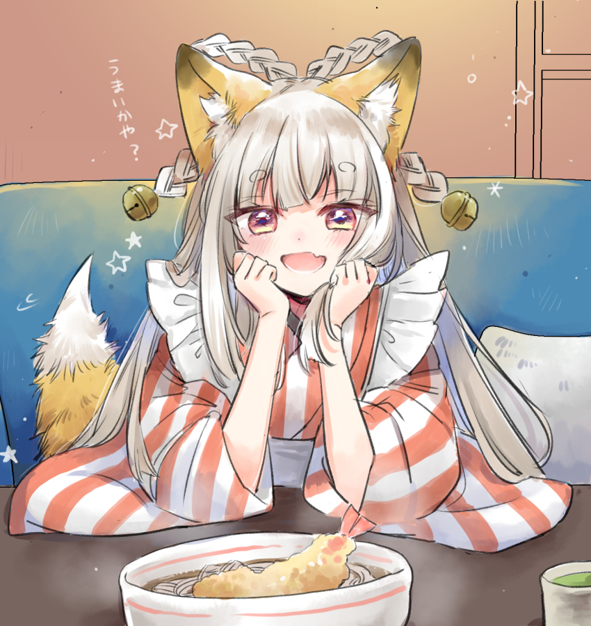 1girl animal_ear_fluff animal_ears apron couch fang food fox_ears fox_girl fox_tail frilled_apron frills green_tea head_rest highres japanese_clothes kimono light_blush long_hair looking_at_viewer mito_(go!go!king!) noodles open_mouth orange_eyes original red_kimono short_eyebrows shrimp shrimp_tempura skin_fang smile soba solo star_(symbol) striped_clothes striped_kimono tail tea tempura thick_eyebrows very_long_hair white_hair