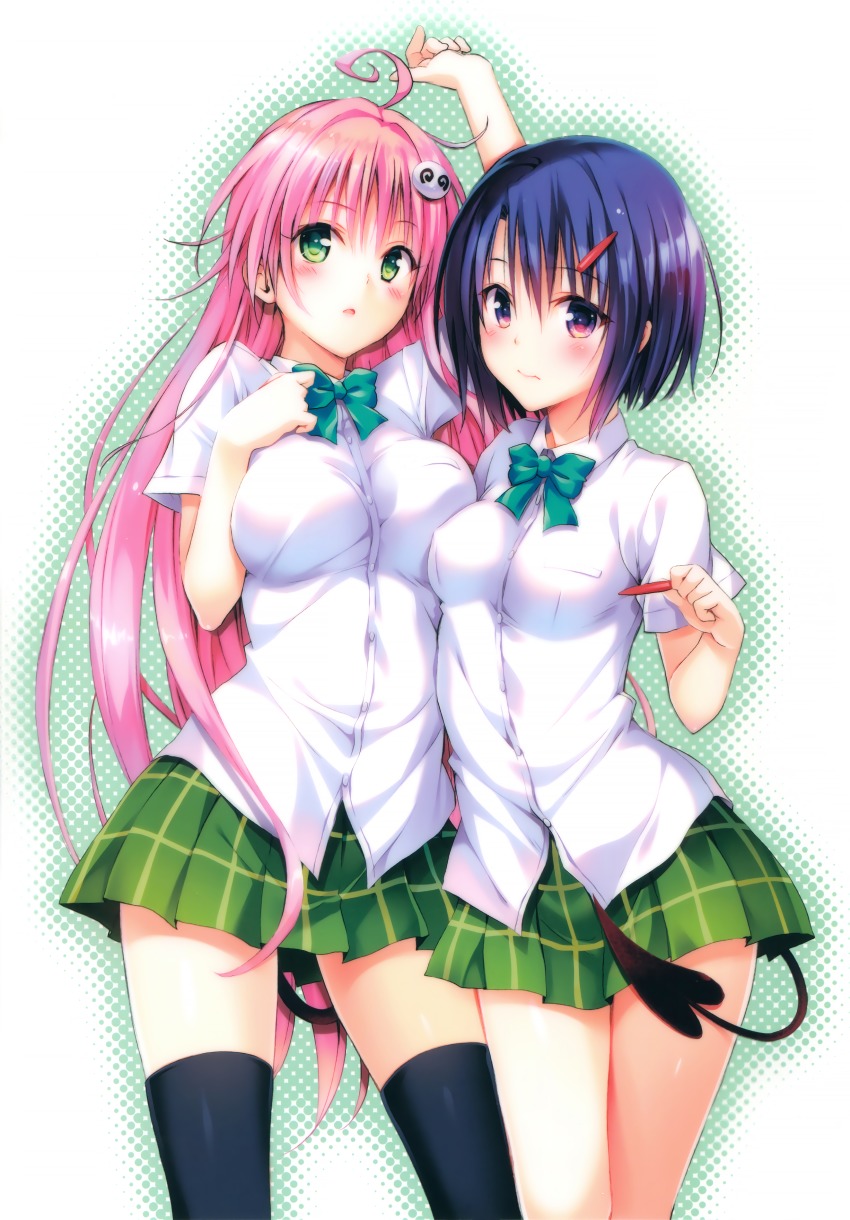 2girls absurdres ahoge arm_up asymmetrical_docking black_legwear blue_hair blush bow bowtie breast_press breasts contrapposto demon_tail female_focus green_eyes hair_ornament hairclip halftone highres lala_satalin_deviluke long_hair looking_at_viewer miniskirt multiple_girls parted_lips pink_hair plaid_clothes plaid_skirt pleated_skirt purple_eyes sairenji_haruna scan school_uniform shirt short_hair skirt socks standing tail thighhighs third-party_edit to_love-ru untucked_shirt white_shirt yabuki_kentarou