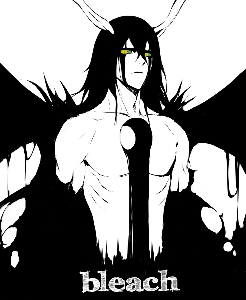 1boy arrancar black_hair bleach closed_mouth collarbone colored_sclera colored_skin copyright_name demon_boy demon_horns demon_wings facial_mark green_sclera hair_between_eyes highres hole_in_chest hole_on_body horns laserflip long_hair looking_at_viewer male_focus resurreccion slit_pupils solo topless_male ulquiorra_cifer upper_body white_skin wings yellow_eyes