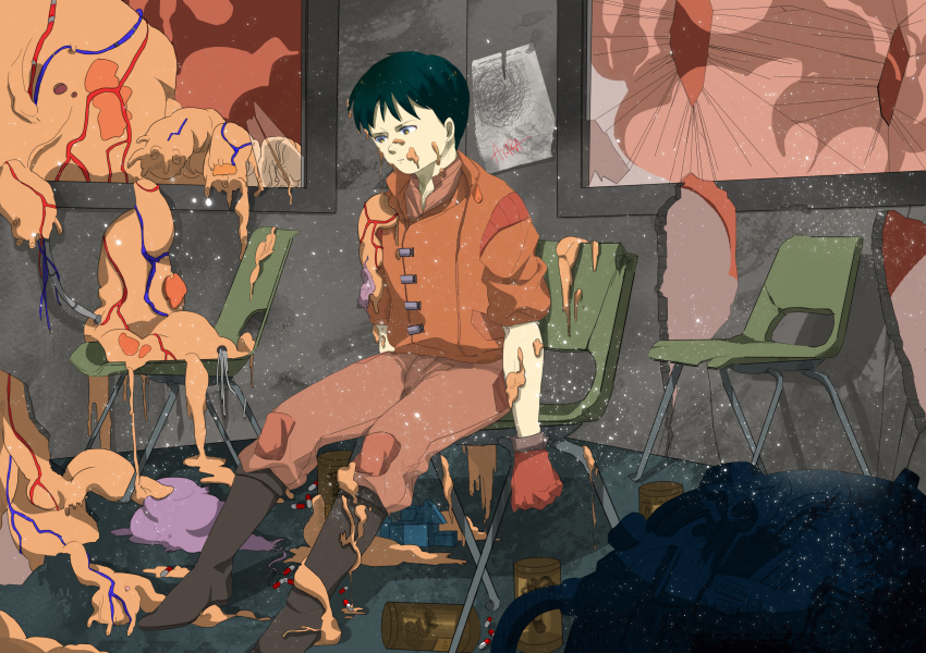 1980s_(style) absurdres akira_(manga) highres kaneda_shoutarou_(akira) mutation oldschool retro_artstyle sitting