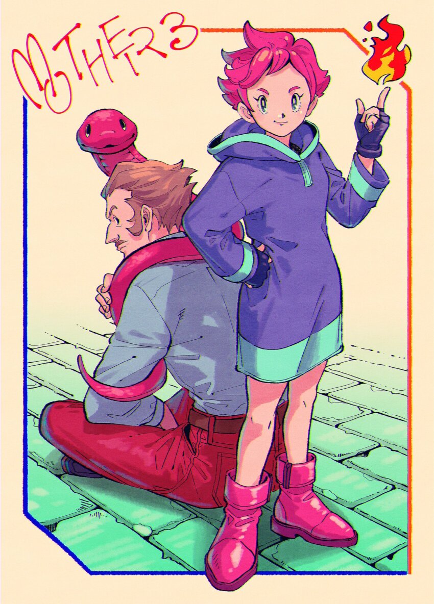 1boy 1girl blue_shirt boots brown_hair closed_mouth dress duster_(mother) facial_hair fire gloves hand_on_own_hip highres hood hood_down hooded_dress kumatora kwsby_124 long_sleeves looking_at_viewer mother_(series) mother_3 mustache nintendo on_floor pants pink_footwear pink_hair red_pants rope_snake shirt short_hair simple_background snake standing