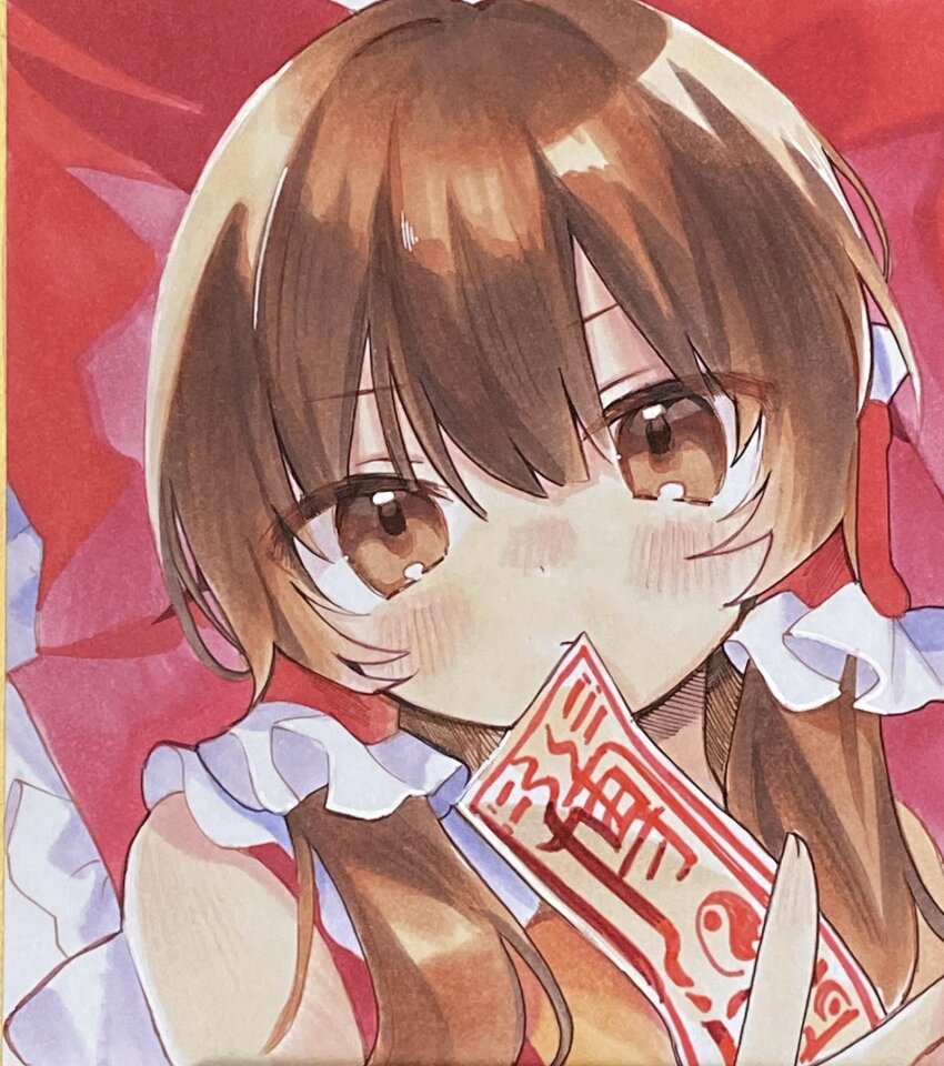 1girl blush bow brown_eyes brown_hair close-up closed_mouth dot_nose frilled_bow frilled_hair_tubes frills hair_between_eyes hair_bow hair_over_eyes hair_tubes hakurei_reimu highres holding holding_ofuda long_hair looking_at_viewer moni_monico ofuda portrait red_bow shikishi sleeveless solo three_quarter_view touhou traditional_media