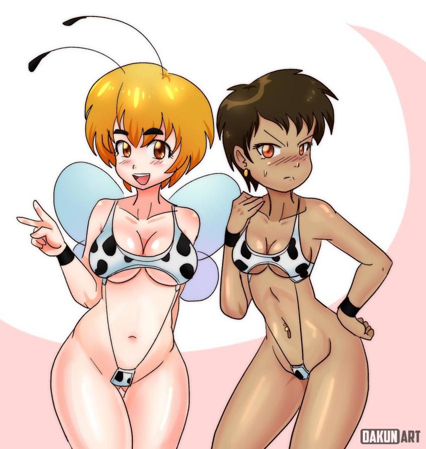 2girls angry animal_print antennae arthropod_girl bee_girl bee_wings black_one-piece_swimsuit blonde_hair blush breasts brown_eyes brown_hair cow_print dakunart dark-skinned_female dark_skin hand_on_own_hip highres insect_girl insect_wings looking_at_viewer medium_breasts mely multiple_girls navel navel_piercing one-piece_swimsuit open_mouth piercing pink_background print_swimsuit short_hair slingshot_swimsuit smile standing sweatdrop swimsuit teeth two-tone_background v white_background white_one-piece_swimsuit wings wristband xiomara_(dakunart)