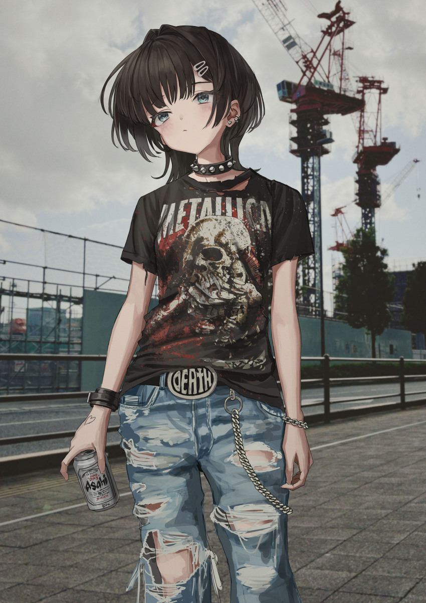 1girl :/ absurdres arms_at_sides asahi_breweries band_shirt beer_can belt_buckle black_collar black_hair black_shirt blue_pants blush bracelet buckle can chain chain_bracelet closed_mouth cloud cloudy_sky collar crane_(machine) day denim drink_can ear_piercing earrings feet_out_of_frame gishiki_(gshk) green_eyes hair_ornament hairclip heart heart_earrings highres holding holding_can jeans jewelry long_hair looking_at_viewer merchandise metallica original outdoors pants photo_background piercing railing shirt short_sleeves skull_print sky solo spiked_collar spikes standing t-shirt torn_clothes torn_pants torn_shirt tree