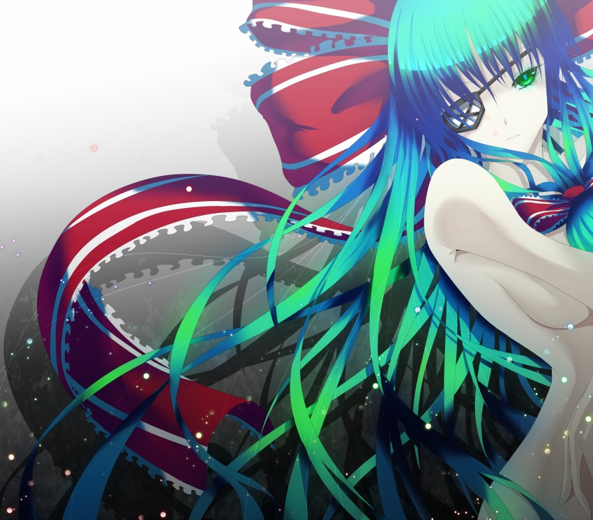 1girl bad_id bad_pixiv_id breasts eyepatch female_focus front_ponytail green_eyes green_hair hair_ribbon highres kagiyama_hina lights long_hair matching_hair/eyes naked_ribbon nude pale_skin ribbon solo sousakubito touhou upper_body