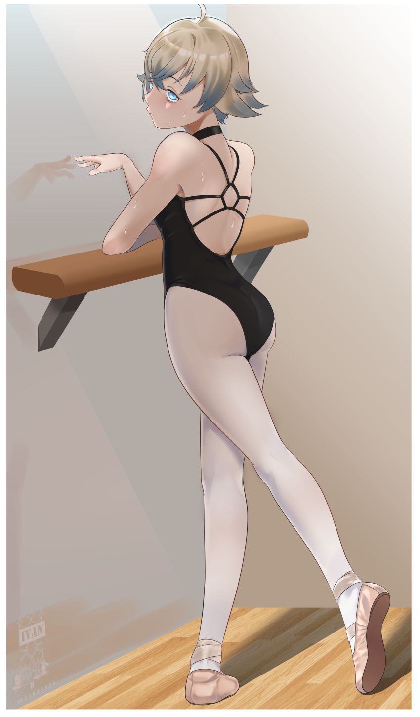 1girl absurdres ahoge ass back ballerina ballet ballet_slippers barre black_leotard blonde_hair blue_eyes choker colored_tips commentary dance_studio highres ivanfx leotard mirror multicolored_hair original pantyhose pink_footwear short_hair sweat thighs white_pantyhose wooden_floor