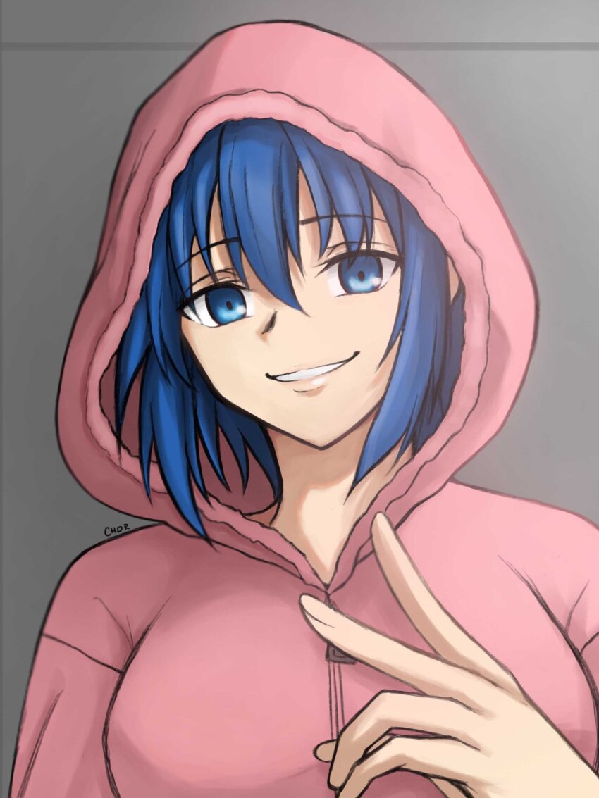 1girl absurdres blue_eyes blue_hair breasts chdr_anderson ciel_(tsukihime) coat female_focus grey_background highres hood looking_at_viewer medium_breasts pink_coat short_hair smug_smile tomboy tsukihime upper_body watermark y_blood