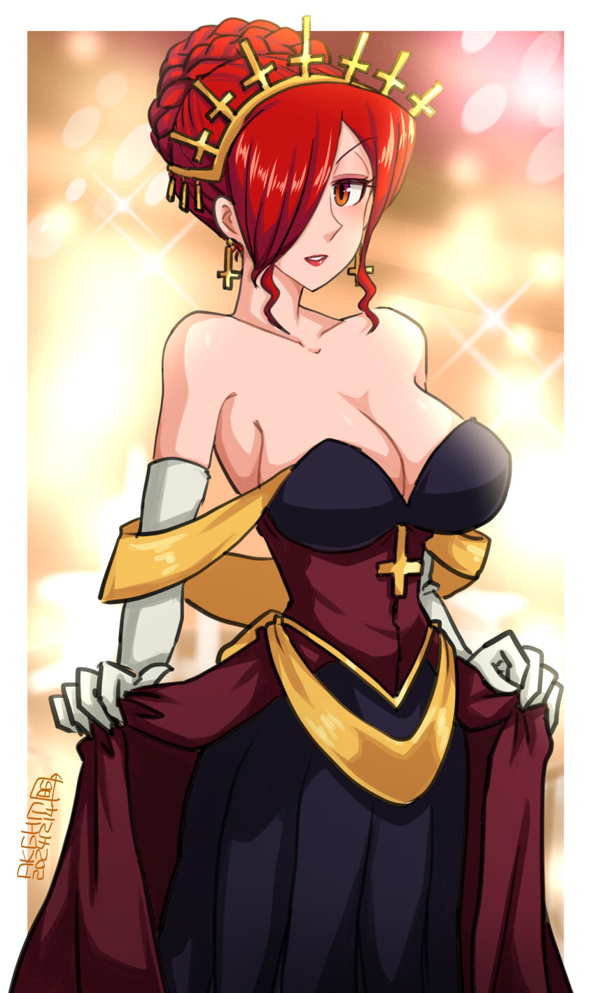 1girl blurry blurry_background braid braided_bun breasts cleavage collarbone cowboy_shot crown dress earrings elbow_gloves eyeliner gloves hair_bun hamu_agaki jewelry large_breasts lens_flare lipstick looking_at_viewer makeup official_alternate_costume parasoul_(skullgirls) red_eyes red_hair red_lips skullgirls solo