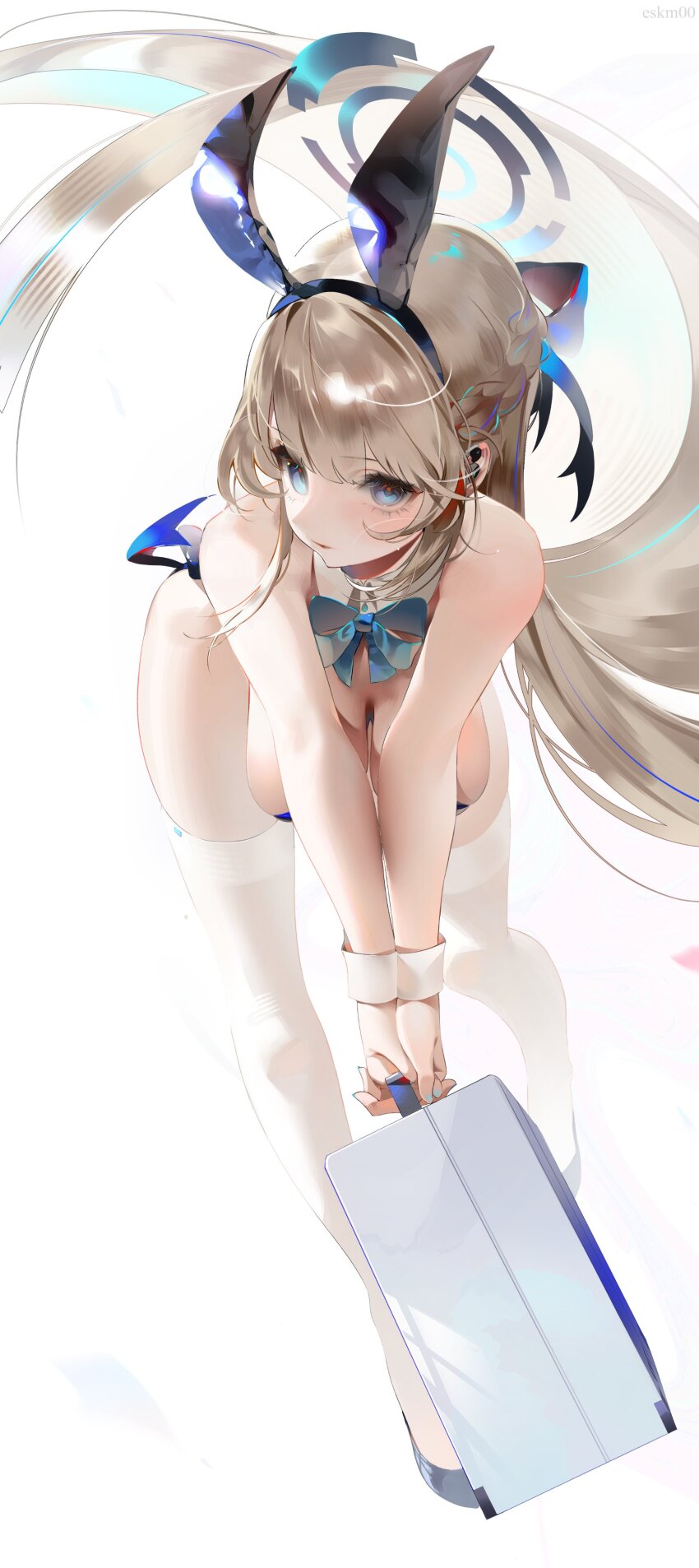 1girl absurdres animal_ears aqua_bow aqua_bowtie bent_over blonde_hair blue_archive blue_bow blue_bowtie blue_eyes blue_hairband blue_halo blue_leotard bow bowtie breasts briefcase detached_collar earpiece eskm00 fake_animal_ears fake_tail hairband halo hanging_breasts highleg highleg_leotard highres holding holding_briefcase large_breasts leaning_forward leotard long_hair looking_at_viewer multicolored_hair playboy_bunny rabbit_ears rabbit_tail simple_background solo strapless strapless_leotard streaked_hair tail toki_(blue_archive) toki_(bunny)_(blue_archive) very_long_hair wrist_cuffs