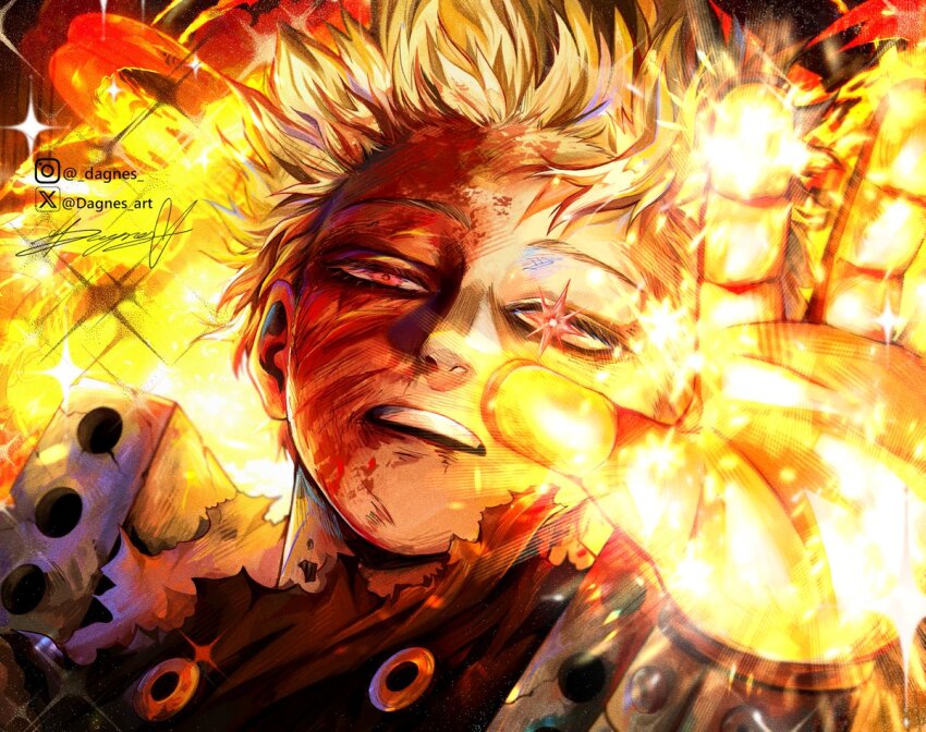 1boy bakugou_katsuki blonde_hair blood blood_on_face boku_no_hero_academia commentary dagnes_art fire glowing glowing_hand injury instagram_username looking_at_viewer male_focus open_mouth reaching reaching_towards_viewer signature solo sparkle sparkling_eyes straight-on superhero_costume teeth torn_clothes twitter_username upper_body upper_teeth_only