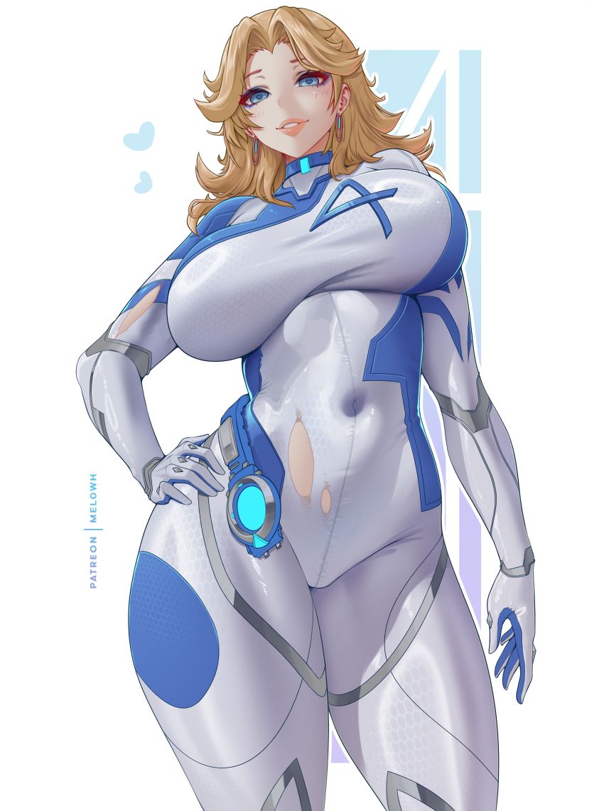 1girl absurdres artist_name blonde_hair blue_bodysuit blue_eyes bodysuit breasts covered_navel fantastic_four hand_on_own_hip heart heart-shaped_pupils highres large_breasts long_hair looking_at_viewer marvel marvel_rivals melowh patreon_username smile solo sue_storm superhero_costume symbol-shaped_pupils thighs two-tone_bodysuit white_bodysuit