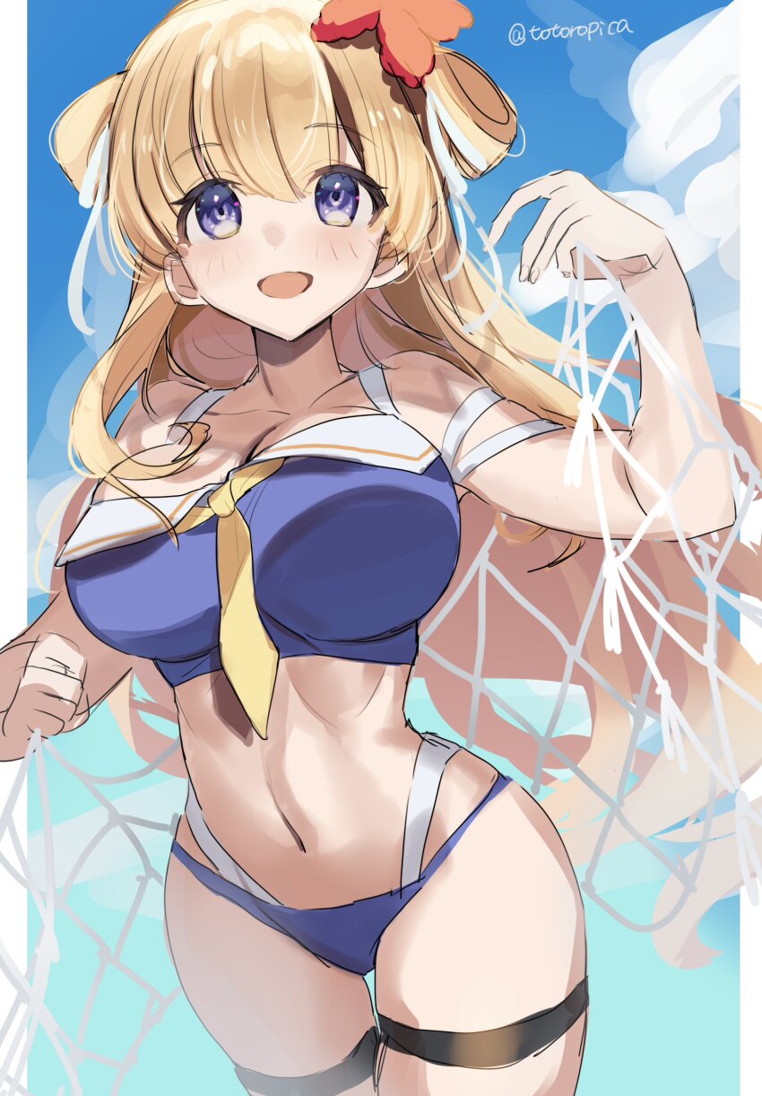 1girl alternate_costume bikini blonde_hair blue_bikini blue_sky breasts cleavage cloud cloudy_sky covered_navel cowboy_shot dated day double_bun fletcher_(kancolle) fletcher_mk_ii_(kancolle) fletcher_mk_ii_(swimsuit_mode)_(kancolle) hair_bun hair_ornament highres kantai_collection large_breasts long_hair looking_at_viewer official_alternate_costume outdoors picoli1313 purple_eyes sky smile solo swimsuit