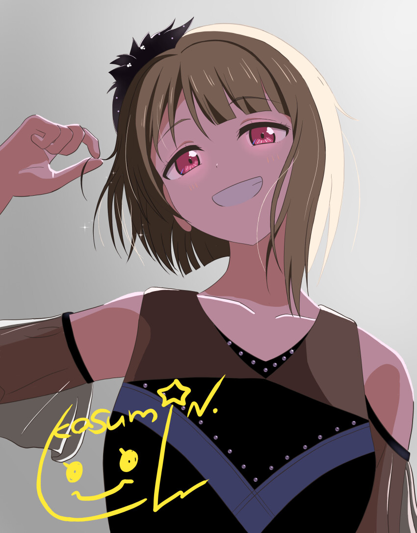 1girl absurdres backlighting black_dress bob_cut brown_hair collarbone commentary_request dress grin hair_ornament hand_up head_tilt highres looking_at_viewer love_live! love_live!_nijigasaki_high_school_idol_club morio_(mmorio_mu) nakasu_kasumi see-through_clothes see-through_sleeves senobi_shitatte short_hair signature smile solo teeth