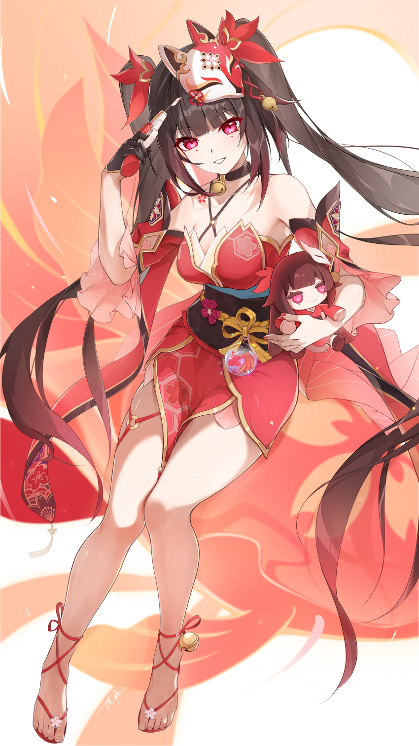 1girl absurdres bare_shoulders bell black_choker black_gloves black_hair black_sash breasts choker flower_tattoo fox_mask gloves highres honkai:_star_rail honkai_(series) invisible_chair japanese_clothes jingle_bell kimono long_hair looking_at_viewer mask mask_on_head neck_bell obi ooo_wange parted_lips pink_eyes red_footwear red_kimono sandals sash short_kimono shoulder_tattoo single_glove sitting small_breasts smile solo sparkle_(doll)_(honkai:_star_rail) sparkle_(honkai:_star_rail) tattoo twintails very_long_hair