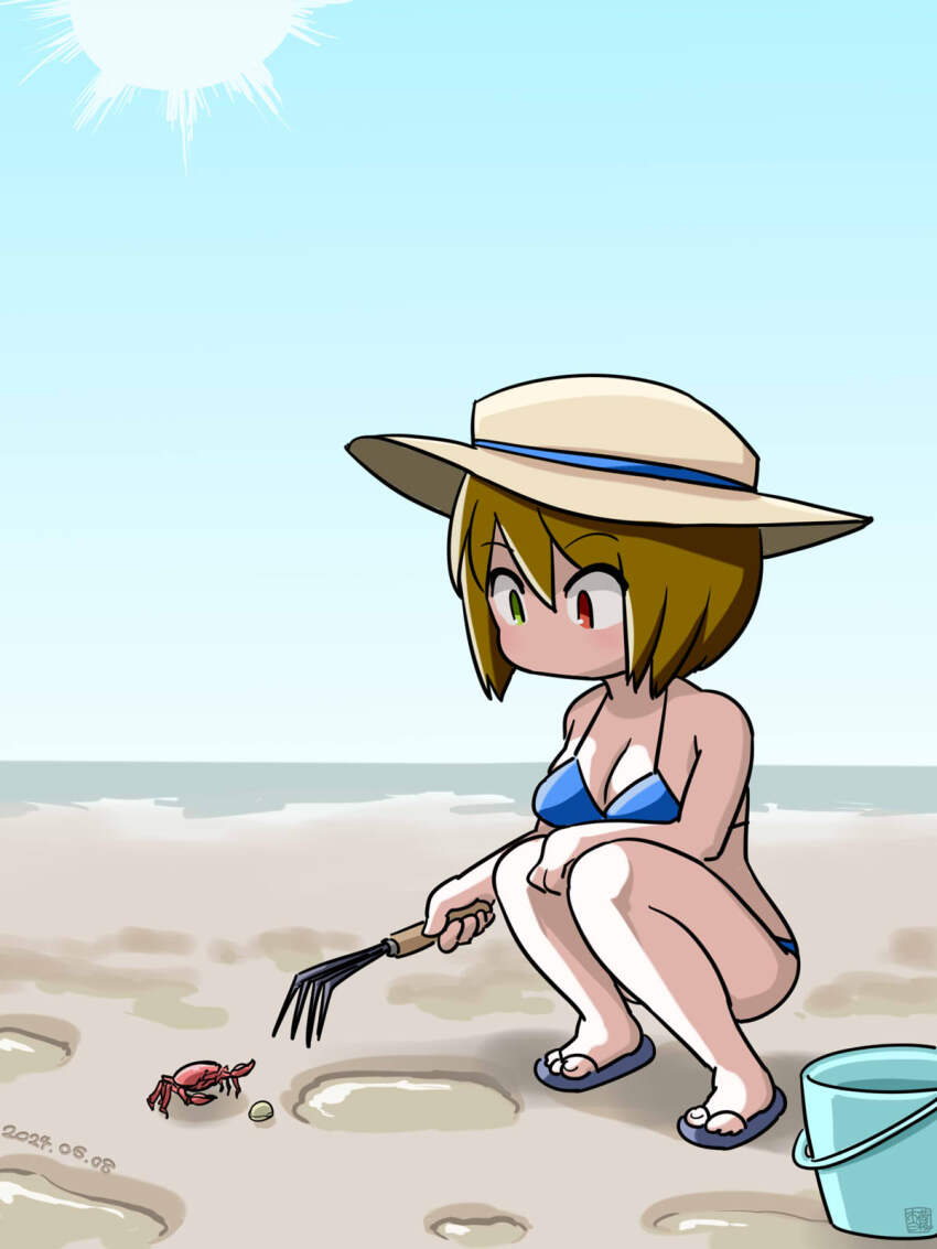 1girl alternate_breast_size alternate_costume beach bikini blue_bikini blue_sky breasts brown_hair bucket chibi clam clam_digging clear_sky cleavage commentary_request crab dated day flip-flops full_body green_eyes grey_footwear hat heterochromia highres holding_rake itini-sanshi looking_down medium_breasts no_mouth ocean outdoors rake red_eyes rozen_maiden sand sandals short_hair sky solo souseiseki squatting sun_hat swimsuit