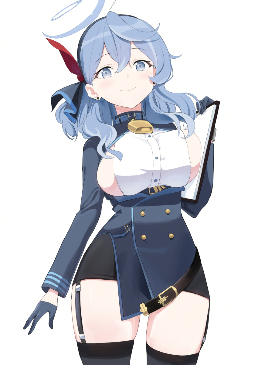 1girl ako_(blue_archive) black_thighhighs blue_archive blue_eyes blue_gloves blue_hair blue_halo blue_vest breasts clipboard closed_mouth commentary_request cowboy_shot earrings garter_straps gloves half_gloves halo hand_up highres holding holding_clipboard jewelry large_breasts long_hair looking_at_viewer nattororo partial_commentary sideboob simple_background smile solo stud_earrings thighhighs vest white_background