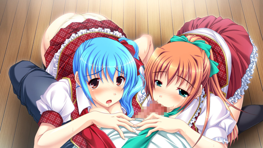 1boy 2girls ass blue_hair blush brown_hair censored fellatio game_cg kyonyuu_torai_!_tankishuuchuu_chichi_momi_ressun miyanohara_yuki mochizuki_hina multiple_girls oda_keisuke oral panties pussy underwear watching