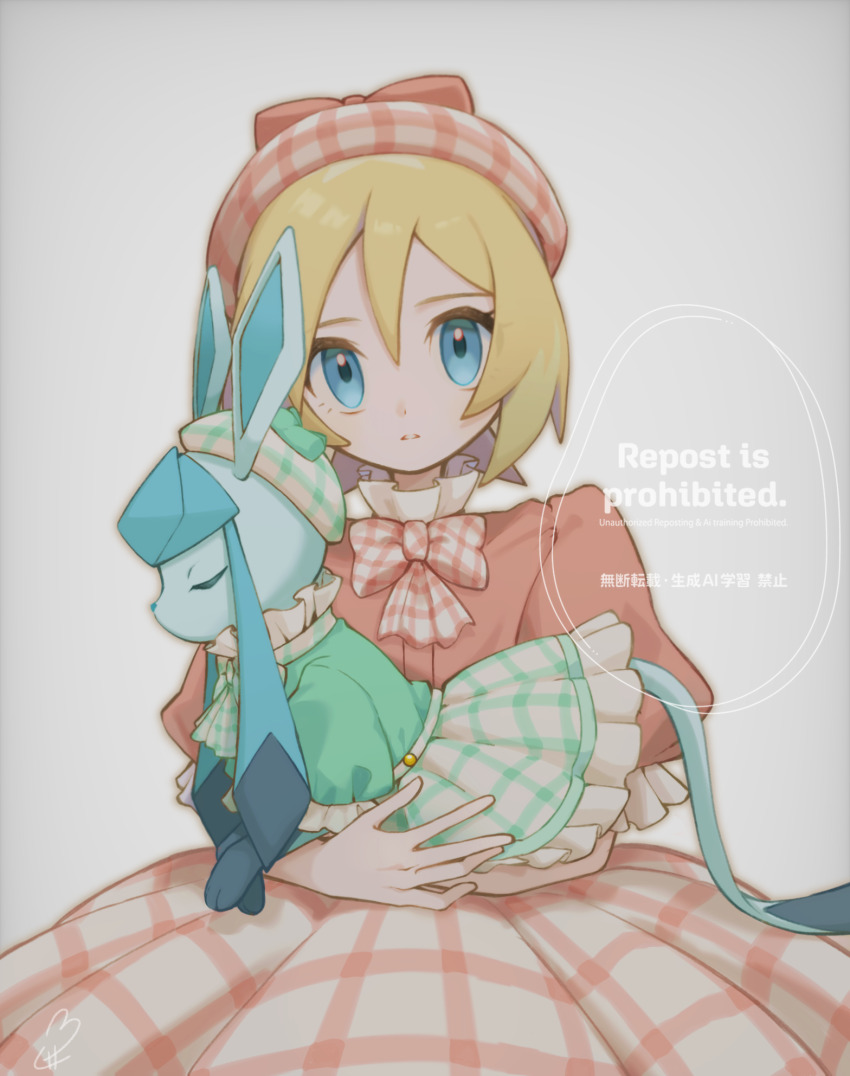 1girl alternate_costume beret blonde_hair blue_eyes bow bowtie clothed_pokemon cosplay creatures_(company) eyelashes game_freak gen_4_pokemon glaceon glaceon_(checkered) glaceon_(cosplay) hair_between_eyes hat highres irida_(pokemon) looking_at_viewer nintendo noi_(noi_pk27) parted_lips pokemon pokemon_(creature) pokemon_legends:_arceus pokemon_unite simple_background white_background