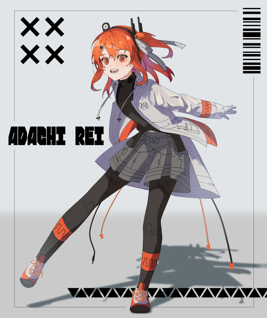 1girl a.i._voice absurdres adachi_rei barcode black_leggings black_shirt cable character_name commentary drawstring full_body grey_shorts hair_ribbon headlamp highres jacket leggings long_sleeves looking_at_viewer medium_hair one_side_up open_clothes open_jacket open_mouth orange_eyes orange_hair radio_antenna ribbon senri_(hrydy_o) shirt shoes shorts solo standing standing_on_one_leg utau white_jacket white_ribbon