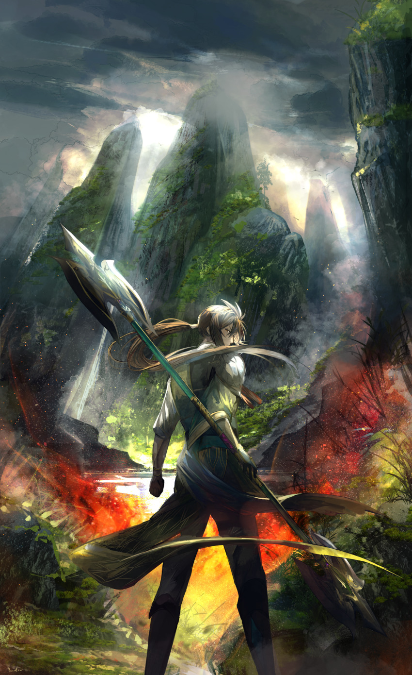 1boy absurdres axe back black_gloves border0715 brown_eyes brown_hair chinese_clothes cloud cloudy_sky gloves grass highres holding holding_axe holding_weapon jiang_wei long_hair long_sleeves looking_at_viewer looking_back low_ponytail male_focus mountain nature outdoors polearm sangoku_musou_1 shin_sangoku_musou sky solo standing storm tree trident weapon