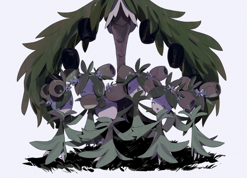 0_0 arboliva closed_eyes creatures_(company) dolliv flower game_freak grass hair_flower hair_ornament head_out_of_frame higa423 highres holding_hands nintendo no_humans olive open_mouth plant_hair pokemon pokemon_(creature) simple_background smile white_background white_flower