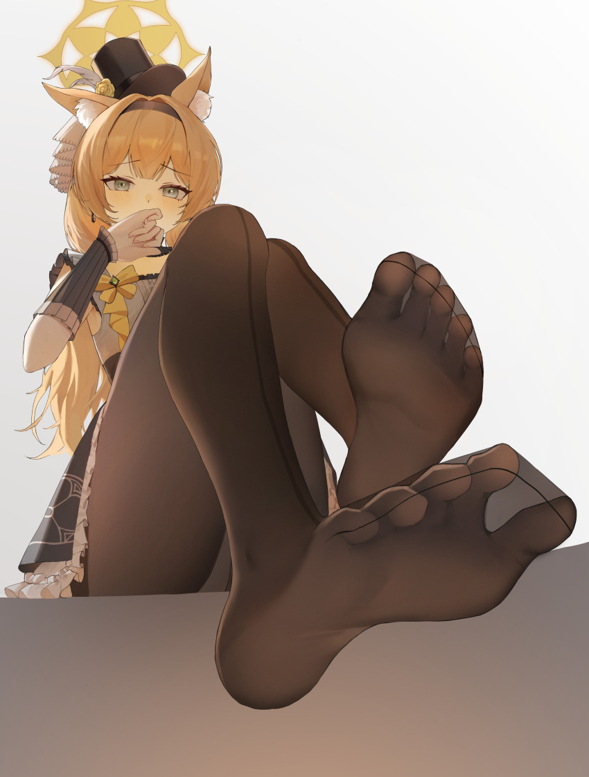 1girl absurdres animal_ears ar-gand blue_archive blush feet highres long_hair looking_at_viewer mari_(blue_archive) mari_(idol)_(blue_archive) orange_hair panties panties_under_pantyhose pantyhose pantyshot soles toes underwear