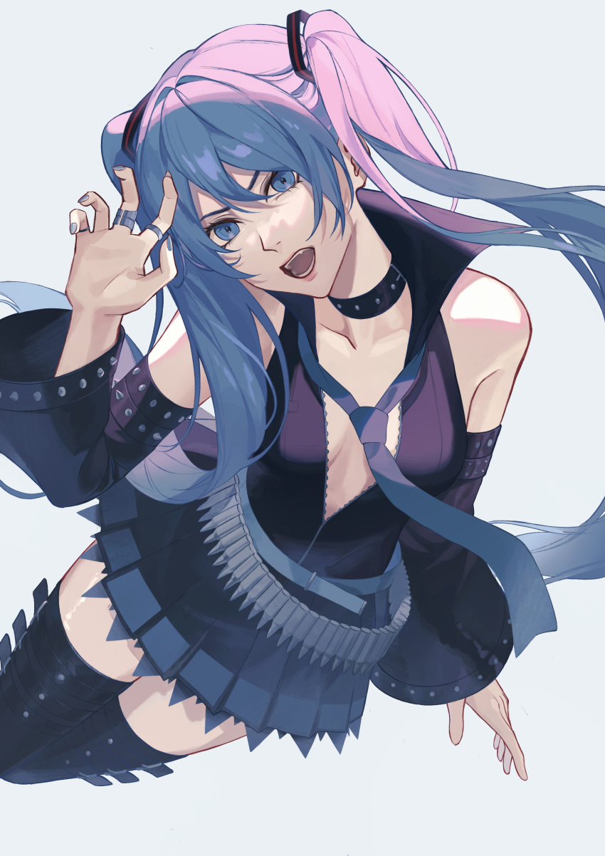 1girl absurdres black_collar black_footwear black_jacket black_skirt black_sleeves blue_eyes blue_hair boots breasts cleavage collar collarbone detached_sleeves floating_hair grey_background grey_nails hagane_miku hair_between_eyes hair_ornament hatsune_miku head_tilt highres jacket jewelry kaveiz long_hair long_sleeves looking_at_viewer miniskirt nail_polish no_bra open_clothes open_jacket open_mouth pleated_skirt ring skirt sleeveless sleeveless_jacket small_breasts solo thigh_boots thighhighs twintails very_long_hair vocaloid zettai_ryouiki