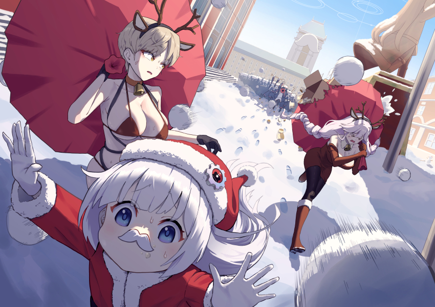 6+girls absurdres alternate_costume animal_costume animal_ears antlers bikini blonde_hair blue_archive breasts cherino_(blue_archive) christmas dress fake_facial_hair fake_mustache fur-trimmed_headwear fur_trim gloves hat highres holding holding_sack horns labor_party_member_(blue_archive) large_breasts marina_(blue_archive) minori_(blue_archive) multiple_girls outdoors red_bikini red_dress red_gloves reindeer_costume running sack santa_bikini santa_costume santa_hat short_hair snow snowball swimsuit tomoe_(blue_archive) white_hair woottak09