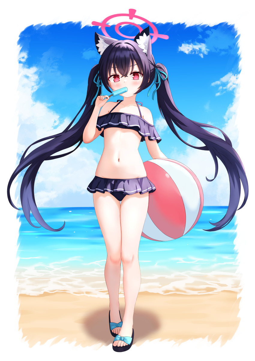 1girl absurdres animal_ear_fluff animal_ears aqua_ribbon ball beach beachball bikini black_bikini black_hair blue_archive blue_sky cloud commentary_request day flat_chest food frilled_bikini frills full_body hair_ribbon halo highres holding holding_ball holding_beachball holding_food holding_popsicle long_hair looking_at_viewer navel ocean outdoors pink_halo popsicle red_eyes revision ribbon sandals serika_(blue_archive) serika_(swimsuit)_(blue_archive) sky solo standing swimsuit toeless_footwear toes twintails uro30