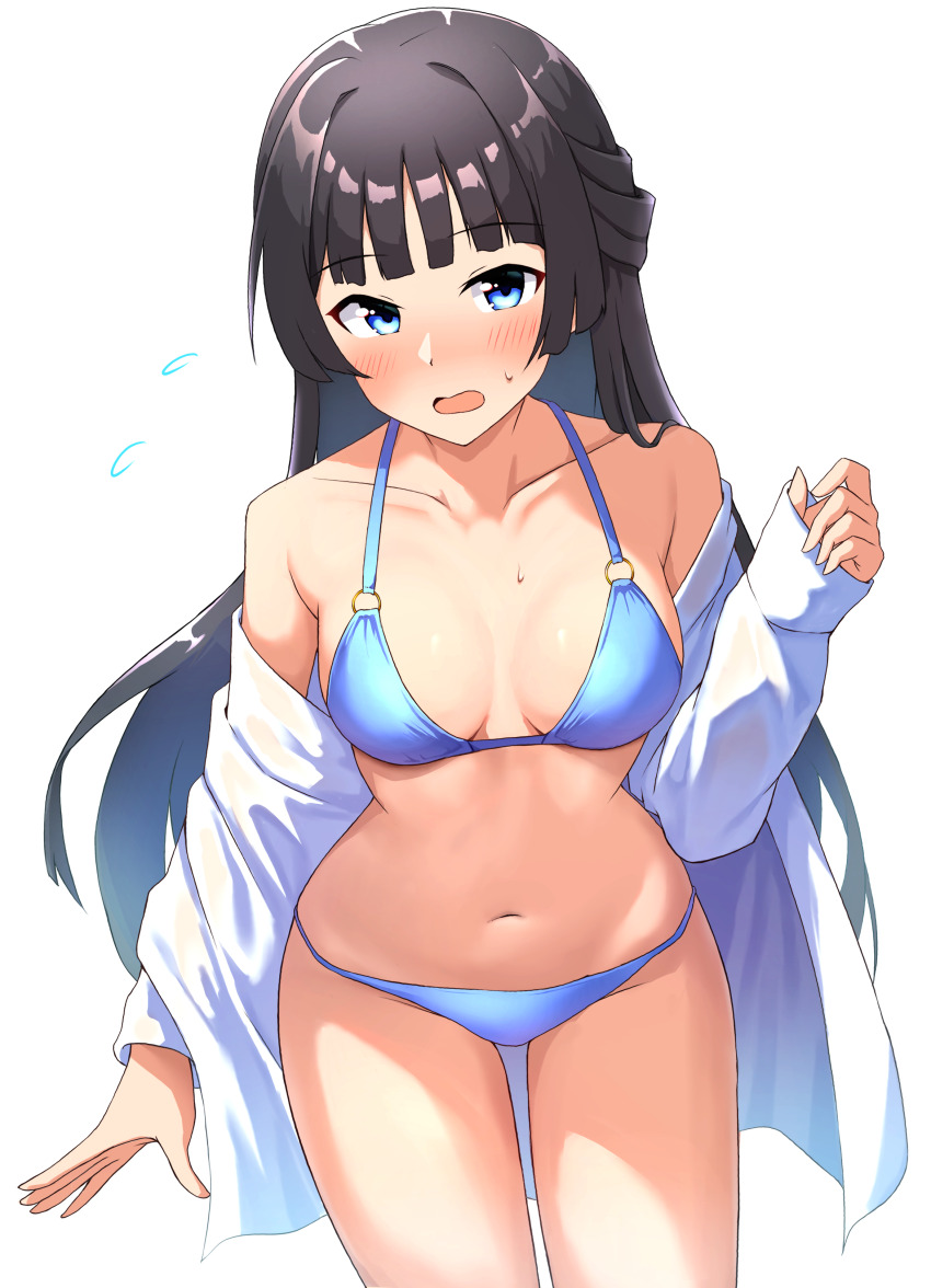 :o absurdres bikini bikini_under_clothes black_hair blue_bikini blush breasts breasts_apart collarbone flying_sweatdrops halterneck highres idolmaster idolmaster_million_live! jacket jacket_over_swimsuit jacket_partially_removed karua_(karua23) long_hair looking_at_viewer medium_breasts mogami_shizuka navel open_clothes open_jacket simple_background stomach swimsuit very_long_hair white_background white_jacket