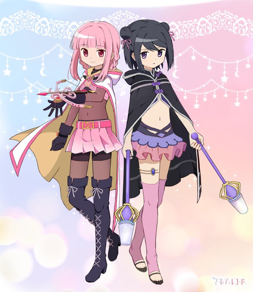 2girls barefoot_slippers black_cloak black_gloves black_hair bodysuit boots bow_(weapon) cloak crossbow double_bun gloves hair_bun highres hood hooded_cloak kuroe_(madoka_magica) light_smile long_hair magia_record:_mahou_shoujo_madoka_magica_gaiden magical_girl mahou_shoujo_madoka_magica multiple_girls navel official_style okken pink_eyes pink_hair purple_eyes short_hair soul_gem tamaki_iroha weapon weapon_request white_cloak