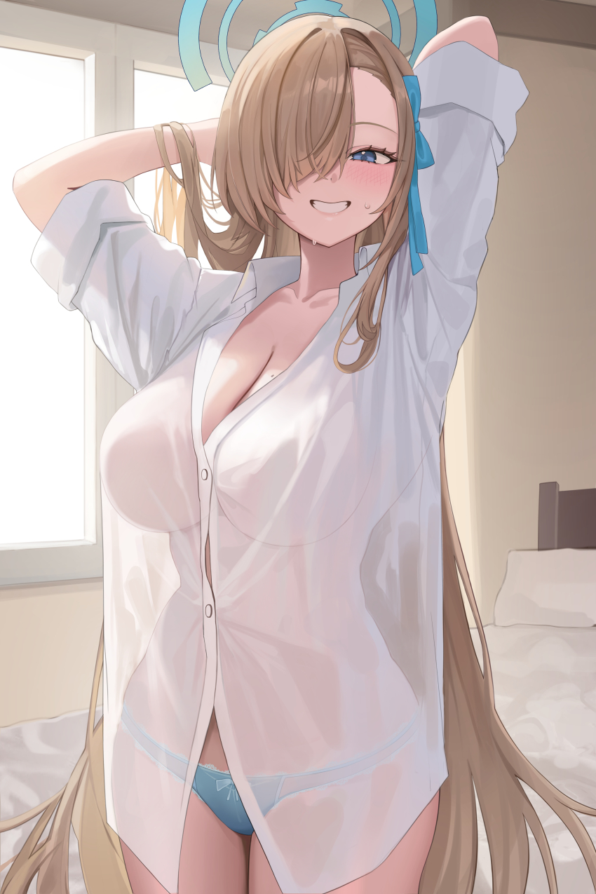 1girl absurdres arms_behind_head asuna_(blue_archive) blue_archive blue_eyes blue_halo blue_panties blue_ribbon blush breasts commentary_request cowboy_shot grin hair_over_one_eye hair_ribbon halo highres indoors large_breasts light_brown_hair long_hair looking_at_viewer mole mole_on_breast panties rianya07 ribbon see-through_clothes see-through_shirt see-through_silhouette shirt smile solo underwear very_long_hair white_shirt