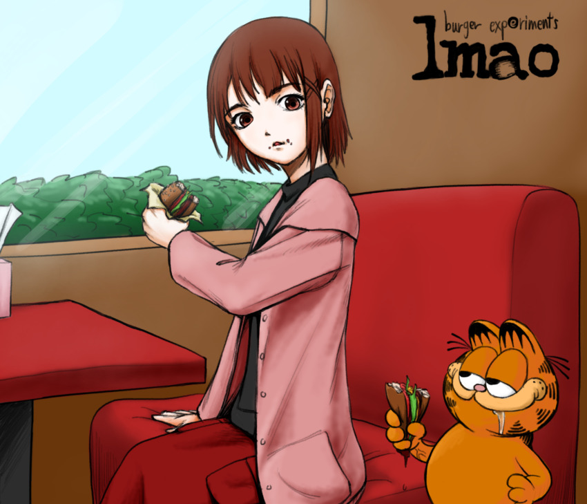 1girl absurdres black_shirt bread brown_eyes brown_hair burger cardigan cat drooling eating eymellia food food_on_face garfield garfield_(character) hair_ornament highres holding holding_burger holding_food iwakura_lain logo_parody orange_cat pink_cardigan red_skirt restaurant saliva sandwich serial_experiments_lain shirt sitting skirt table window x_hair_ornament