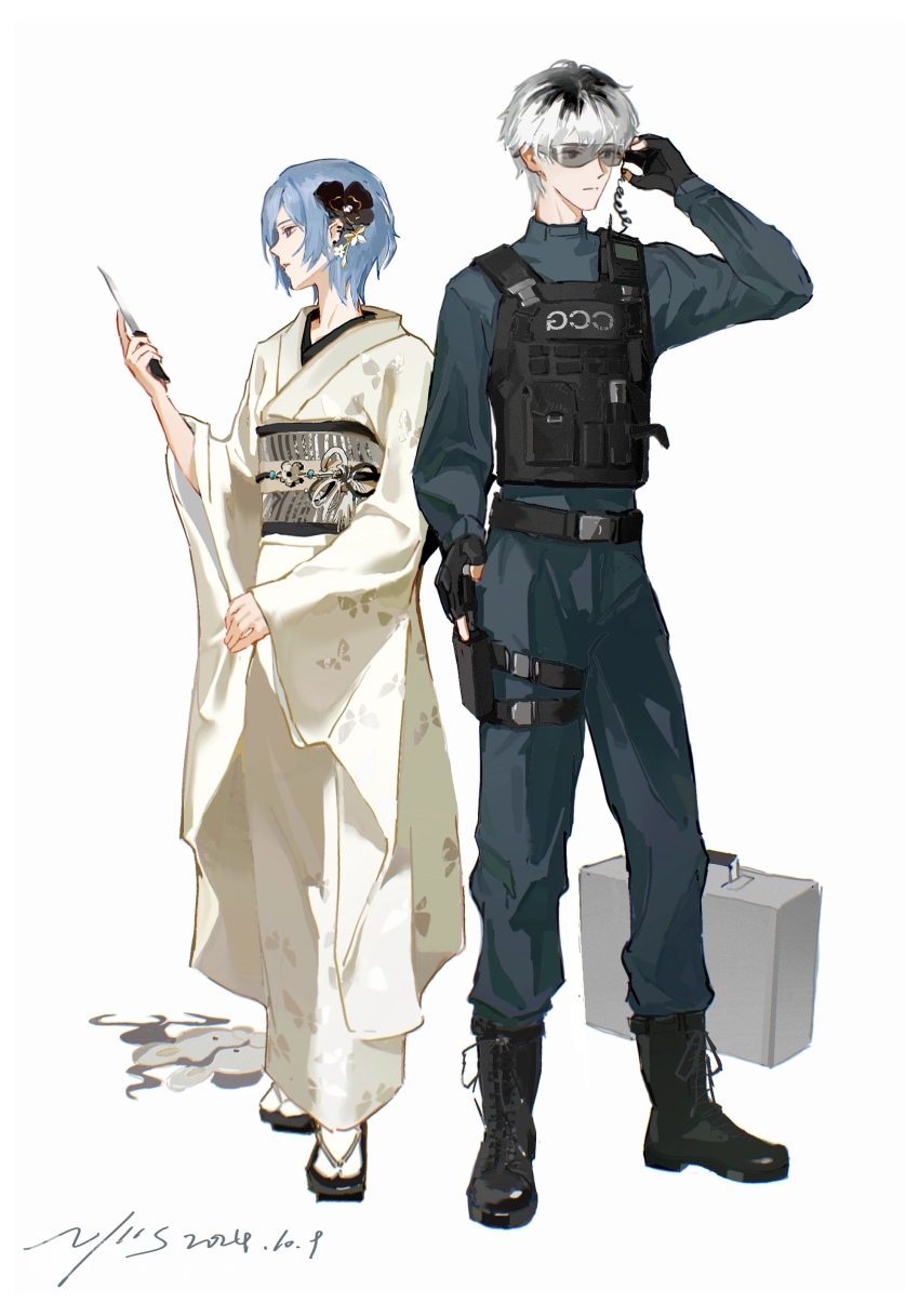 1boy 1girl absurdres black_flower black_gloves black_hair blue_hair fingerless_gloves flower gloves grey_hair hair_flower hair_ornament highres japanese_clothes kaneki_ken kimono kirishima_touka long_sleeves multicolored_hair obi police police_uniform sandals sasaki_haise sash shoes short_hair simple_background standing suitcase sunglasses tokyo_ghoul tokyo_ghoul:re two-tone_hair vjoos white_background wide_sleeves