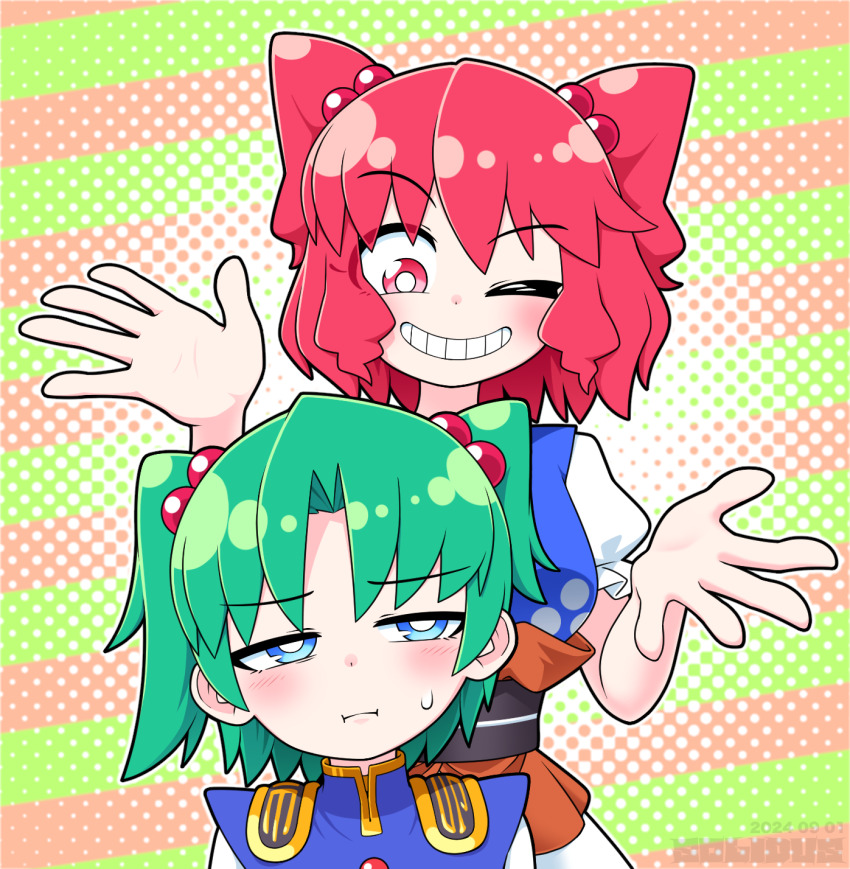 2girls :i black_sash blue_eyes blue_vest borrowed_hairstyle bright_pupils commentary_request epaulettes green_background green_hair grin hair_bobbles hair_ornament half-closed_eyes highres looking_at_another multiple_girls obi one_eye_closed onozuka_komachi orange_background parted_bangs puffy_short_sleeves puffy_sleeves red_hair sash shiki_eiki shirt short_hair short_sleeves smile solidus_(sword_cube) striped_background touhou two_side_up upper_body vest white_pupils white_shirt