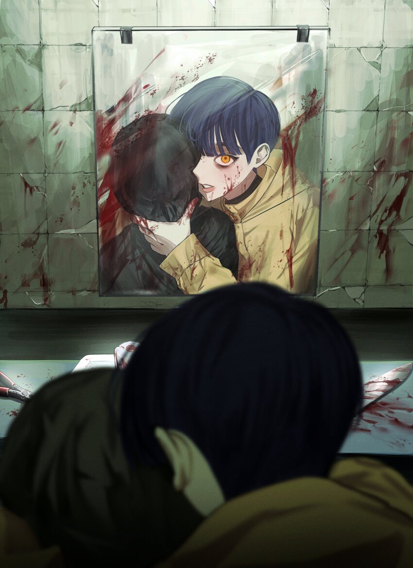 1boy 1other absurdres asphyxiation bag_over_head bags_under_eyes blood blood_on_clothes blood_on_face blood_on_hands blood_on_mirror blood_on_wall bloody_weapon blue_hair blurry blurry_foreground from_behind highres horror_(theme) jacket knife lips mirror original parted_lips pliers reflection restroom riroi_(rntr_ll) short_hair sink strangling tile_wall tiles weapon yellow_eyes yellow_jacket