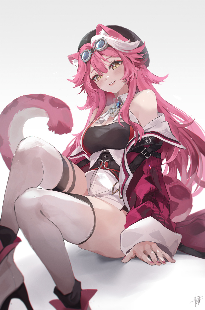 1girl absurdres animal_ear_fluff animal_ears artist_glove breasts goggles gold highres hololive hololive_english littlemisstina_(artist) medium_breasts multicolored_hair panther_ears panther_girl panther_tail pink_hair raora_panthera solo streaked_hair tail thighs virtual_youtuber